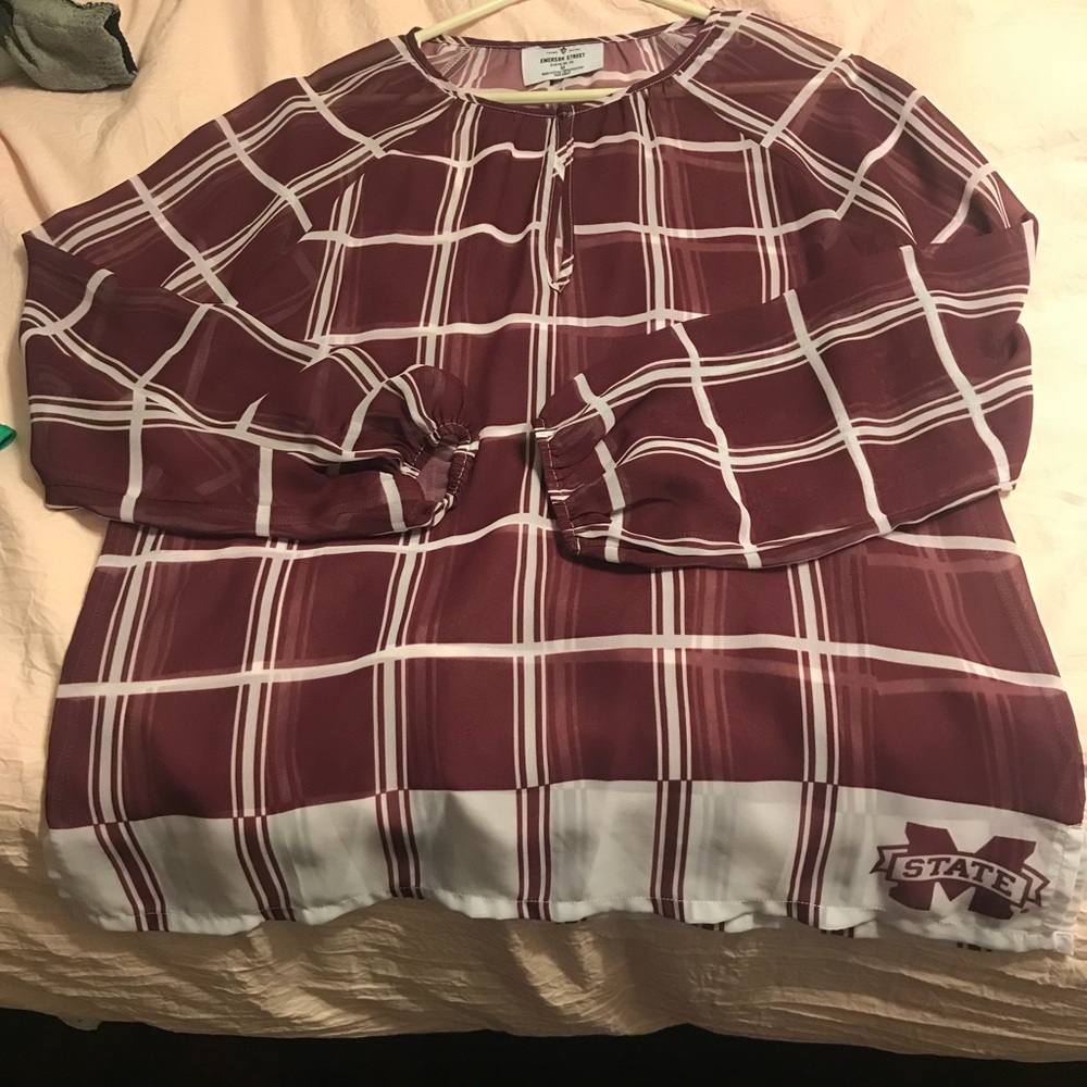 Maroon and white sheer Mississippi state top